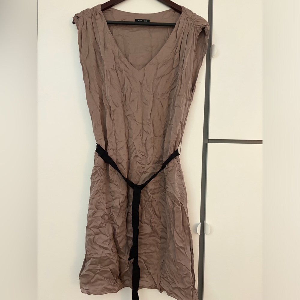Massimo Dutti Taupe Mini Dress with Black Waist Tie